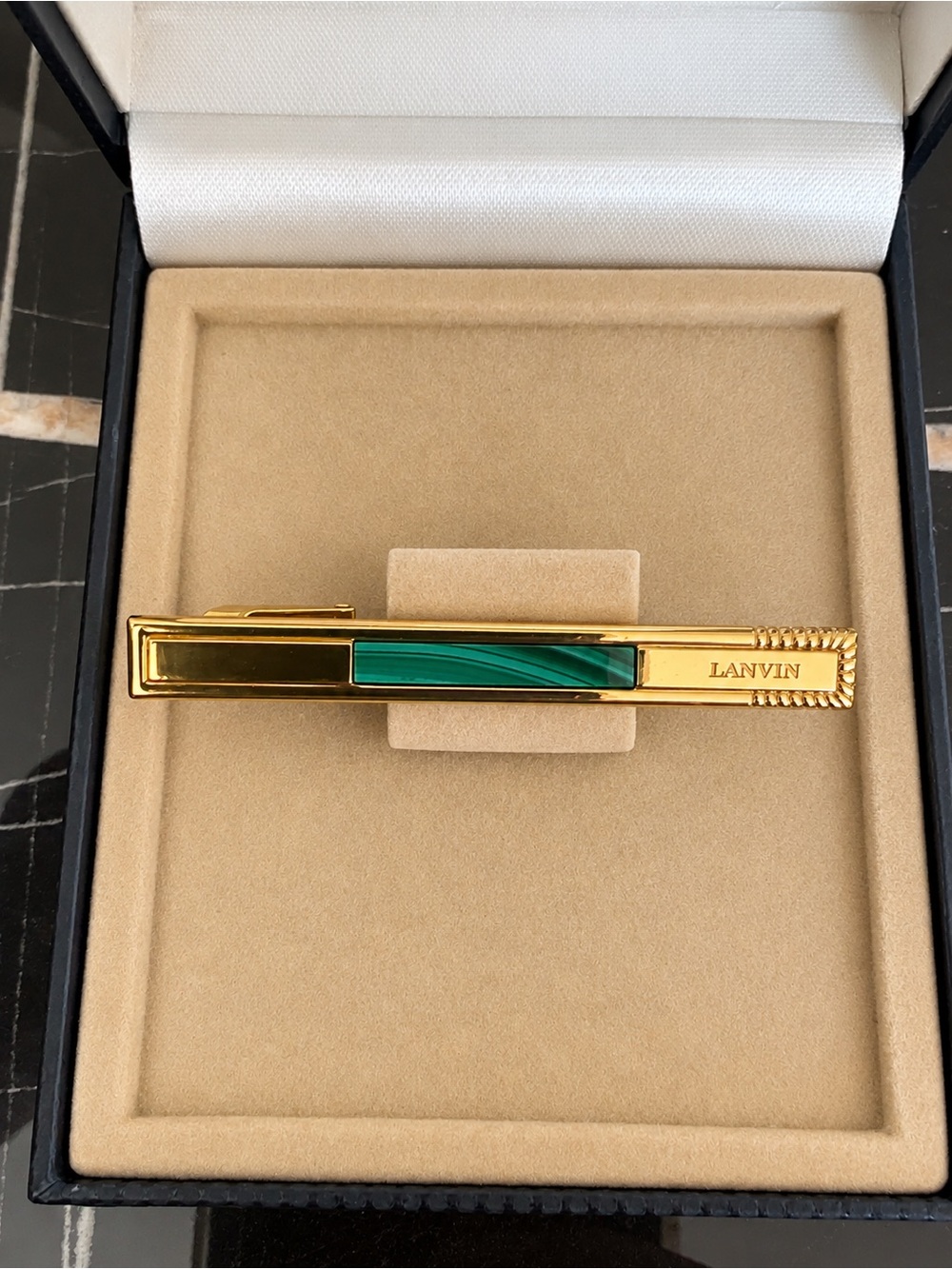 Vintage Lanvin Paris Malachite Tie Clip w/ Original Box